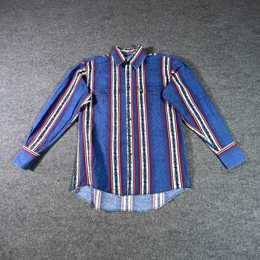 Vintage Wrangler Western Shirt Mens Medium Blue Aztec Tribal Striped Pearl Snap